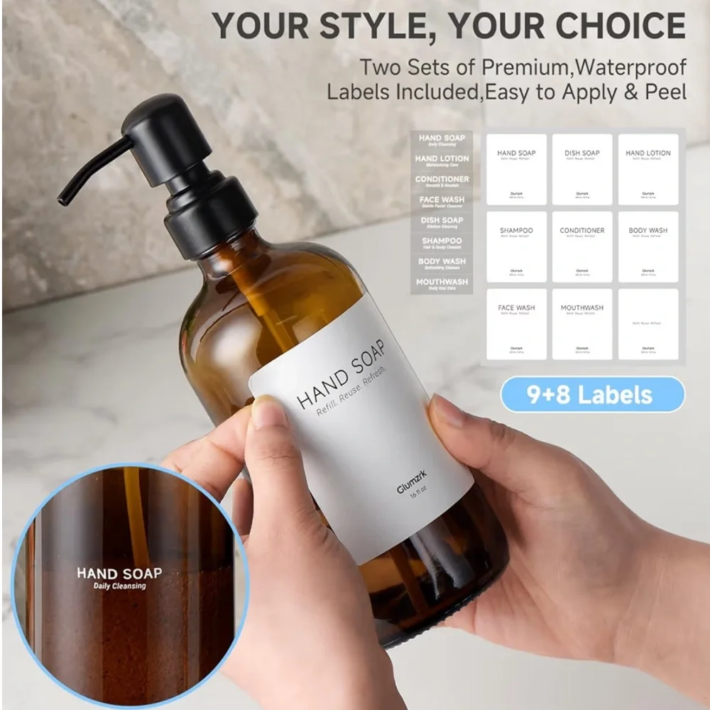 2 Pack Kitchen Soap Dispenser Set - 16oz Amber Glass Dish and Hand Soap Dispense